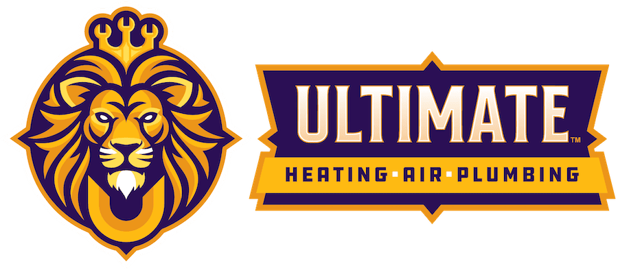 A stylized lion head logo appears next to the text "Ultimate Heating • Air • Plumbing" in bold, gold and purple letters.