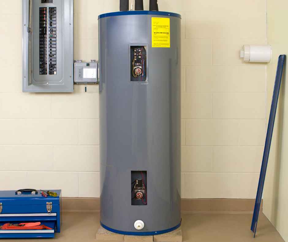 A water heater in a home basement