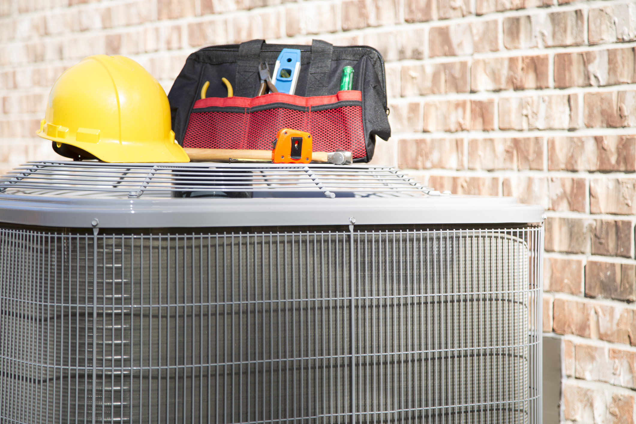 AC Unit with Tools and Hard Hat