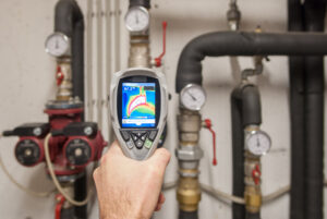 A hand holds a thermal imaging camera pointed at a set of pipes with gauges, displaying temperature differences on the screen.