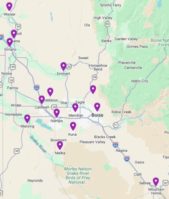 A map of the Boise, Idaho area with purple location pins marking various cities and towns.