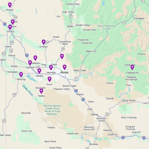 Map of the Boise, Idaho area with purple pins marking several locations across the region.